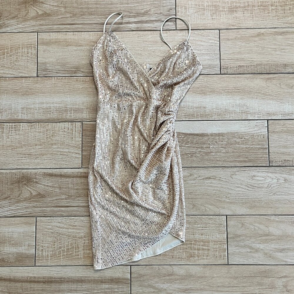 Womens Double Crazy Gold Sequin Mini Dress - S